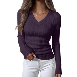 image:imageANRABESS Womens Cable Knit V Neck Long Sleeve Fitted Sweaters TopPurple
