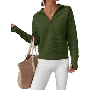 image:imageANRABESS Womens Long Sleeve Quarter Zip Cropped SweaterArmy Green