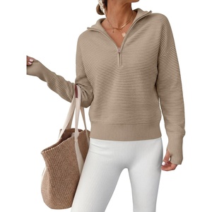 image:imageANRABESS Womens Long Sleeve Quarter Zip Cropped SweaterBright Tan