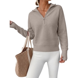 image:imageANRABESS Womens Long Sleeve Quarter Zip Cropped SweaterGrey Khaki