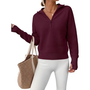 image:imageANRABESS Womens Long Sleeve Quarter Zip Cropped SweaterWine Red