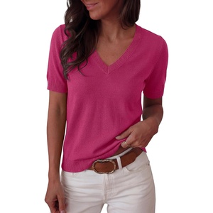 image:imageANRABESS Womens Short Sleeve Sweater Top Wool Blend Business Casual OutfitsHot Pink