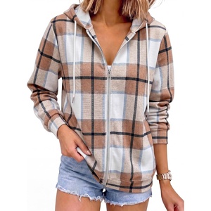 image:imageANRABESS Womens Zip Up Hoodie Long Sleeve Hooded Sweatshirts FallBrown Plaid