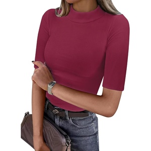 image:imageANRABESS Mock Neck Tops for Women Half Sleeve Ribbed Knit Slim Fit TShirtsWine Red