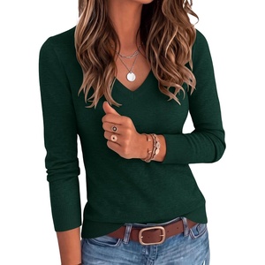 image:imageANRABESS V Neck Long Sleeve Lightweight Sweaters Slim Fitted Fall TopsDrak Green