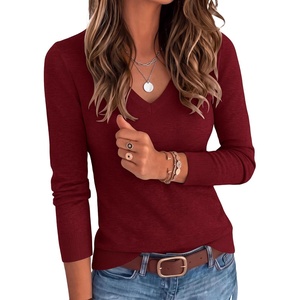 image:imageANRABESS V Neck Long Sleeve Lightweight Sweaters Slim Fitted Fall TopsWine Red