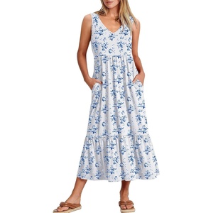 image:imageANRABESS Womens Sleeveless Summer Casual Maxi Dresses with PocketsWhite With Floral Blue