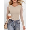 image:imageANRABESS Womens Long Sleeve Shirts Crew Neck Mesh Sheer TopAlmond