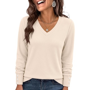 image:imageANRABESS Long Sleeve Shirts for Women V Neck Waffle Knit TopsBeige
