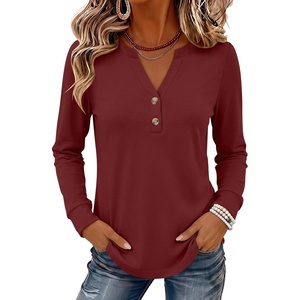 image:imageANRABESS Womens Long Sleeve Shirts Air Layer Henley V Neck TopsWine Red