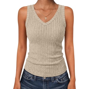 image:imageANRABESS Womens Ribbed Fitted VNeck Tank TopsLight Khaki
