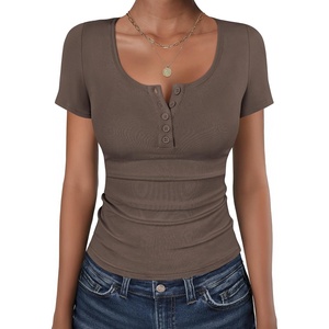 image:imageANRABESS Womens Short Sleeve Henley Shirts 2026 Summer Slim Fit Work TopsBrown