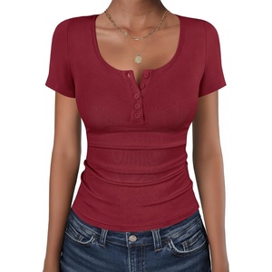 image:imageANRABESS Womens Short Sleeve Henley Shirts 2026 Summer Slim Fit Work TopsDeep Red