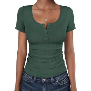 image:imageANRABESS Womens Short Sleeve Henley Shirts 2026 Summer Slim Fit Work TopsForest Green