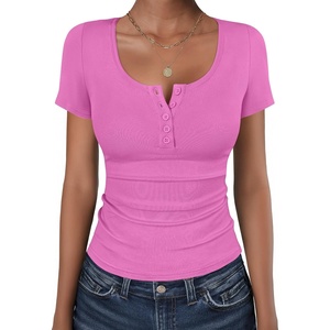 image:imageANRABESS Womens Short Sleeve Henley Shirts 2026 Summer Slim Fit Work TopsHot Pink