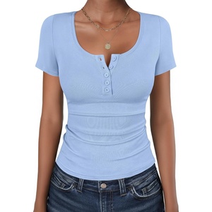image:imageANRABESS Womens Short Sleeve Henley Shirts 2026 Summer Slim Fit Work TopsLight Blue