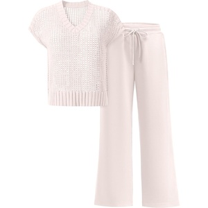image:imageANRABESS Women 2 Piece Outfits Summer Lounge Sets Crochet Knit Sweater Vest Wide Leg Pants Casual Beach Vacation ClothesBeige