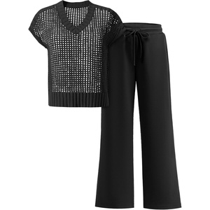 image:imageANRABESS Women 2 Piece Outfits Summer Lounge Sets Crochet Knit Sweater Vest Wide Leg Pants Casual Beach Vacation ClothesBlack