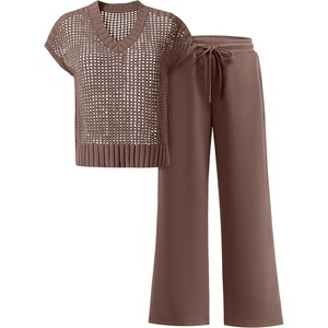 image:imageANRABESS Women 2 Piece Outfits Summer Lounge Sets Crochet Knit Sweater Vest Wide Leg Pants Casual Beach Vacation ClothesBrown