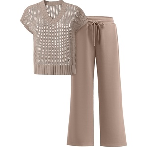 image:imageANRABESS Women 2 Piece Outfits Summer Lounge Sets Crochet Knit Sweater Vest Wide Leg Pants Casual Beach Vacation ClothesLight Brown