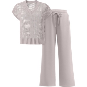 image:imageANRABESS Women 2 Piece Outfits Summer Lounge Sets Crochet Knit Sweater Vest Wide Leg Pants Casual Beach Vacation ClothesLight Khaki
