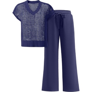 image:imageANRABESS Women 2 Piece Outfits Summer Lounge Sets Crochet Knit Sweater Vest Wide Leg Pants Casual Beach Vacation ClothesNavy Blue
