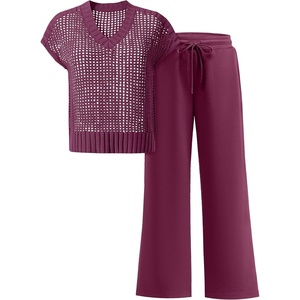image:imageANRABESS Women 2 Piece Outfits Summer Lounge Sets Crochet Knit Sweater Vest Wide Leg Pants Casual Beach Vacation ClothesPurple Red