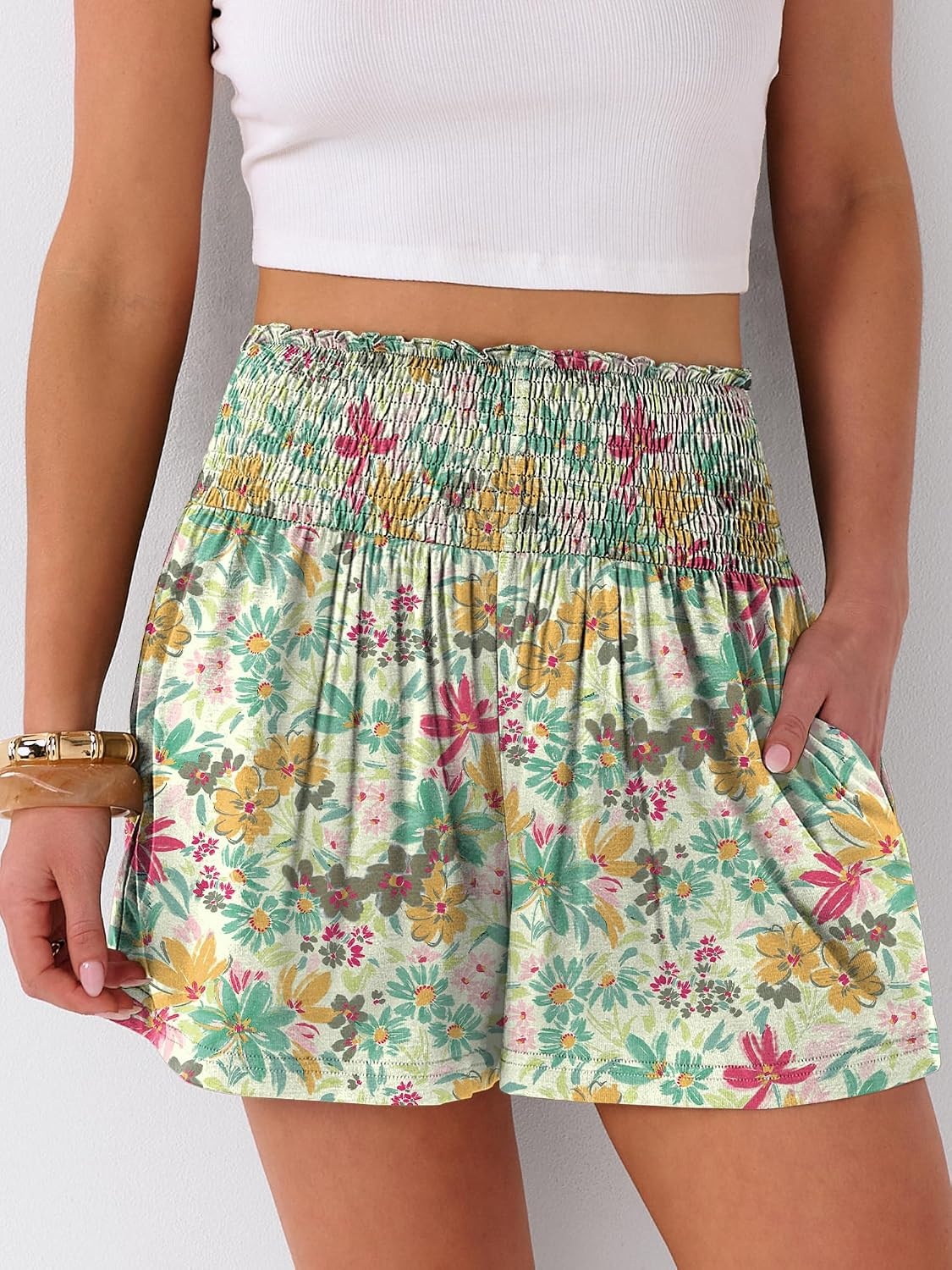 image:imageANRABESS Women Smocked High Waist Shorts Wide Leg Elastic Drawstring Flowy Baggy Trendy Summer Casual Beach amp Lounge WearCrayon Multicolored Floral