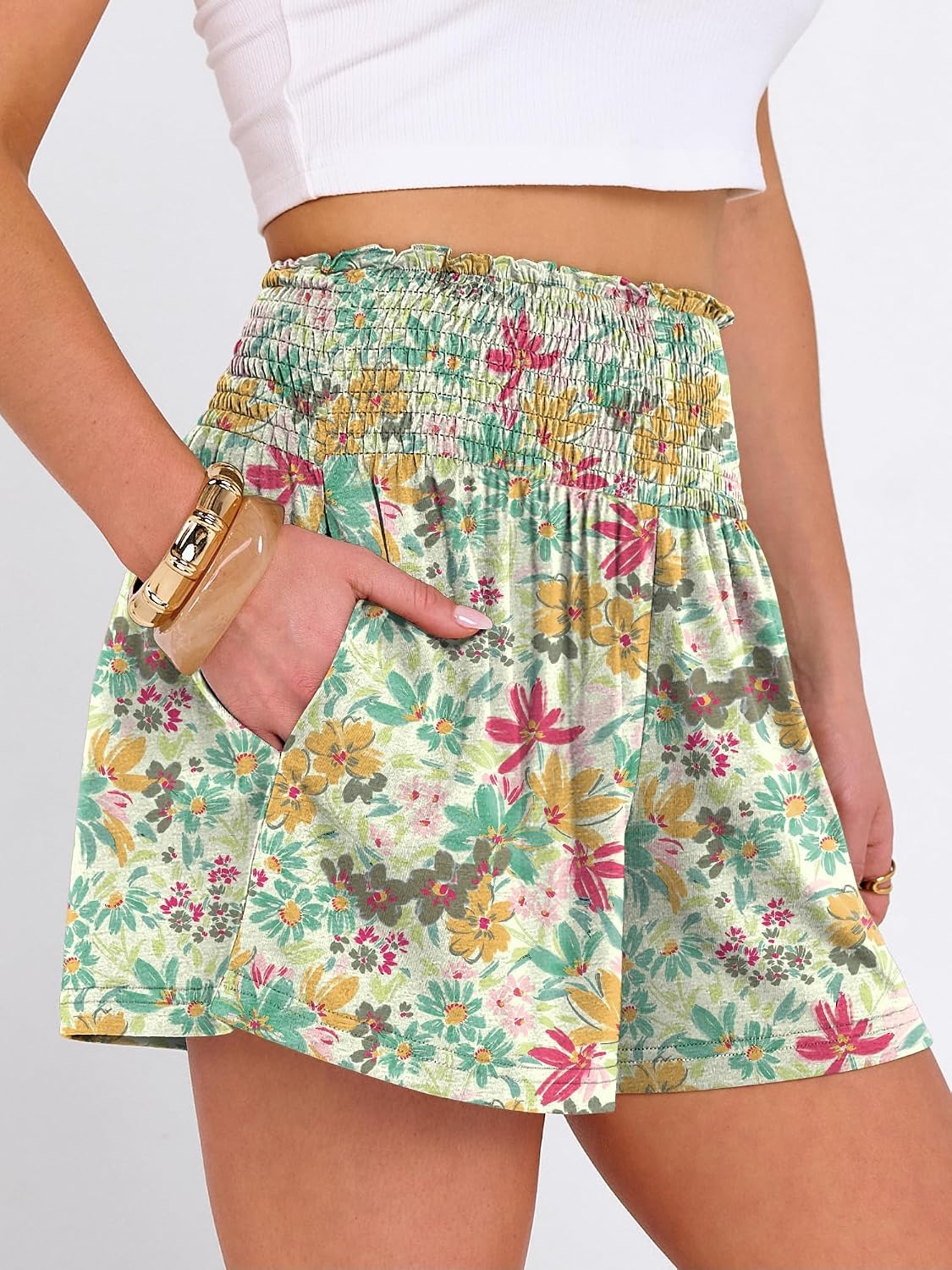 image:imageANRABESS Women Smocked High Waist Shorts Wide Leg Elastic Drawstring Flowy Baggy Trendy Summer Casual Beach amp Lounge WearCrayon Multicolored Floral
