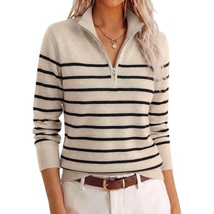 image:imageANRABESS Womens Quarter Zip Fall Lightweight SweatersStriped Black Almond
