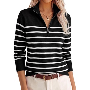 image:imageANRABESS Womens Quarter Zip Fall Lightweight SweatersStriped Black White