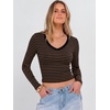 image:imageANRABESS Womens Long Sleeve V Neck Crop TopsBlack Brown Stripe