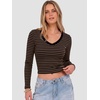 image:imageANRABESS Womens Long Sleeve V Neck Crop TopsBlack Brown Stripe