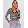 image:imageANRABESS Womens Long Sleeve V Neck Crop TopsBlack White Stripe