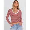 image:imageANRABESS Womens Long Sleeve V Neck Crop TopsRed White Stripe