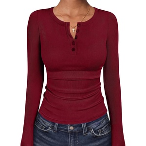 image:imageANRABESS Womens Long Sleeve Shirts Fall Henley TopsDeep Red