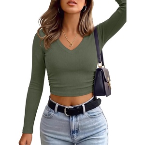 image:imageANRABESS Womens Long Sleeve V Neck Crop TopsArmy Green