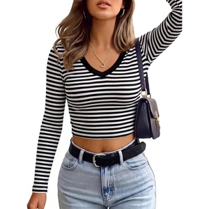 image:imageANRABESS Womens Long Sleeve V Neck Crop TopsBlack White Stripe
