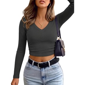image:imageANRABESS Womens Long Sleeve V Neck Crop TopsDeep Grey