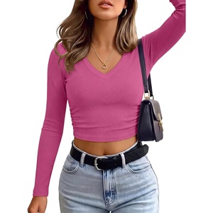 image:imageANRABESS Womens Long Sleeve V Neck Crop TopsHot Pink