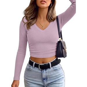 image:imageANRABESS Womens Long Sleeve V Neck Crop TopsPurple