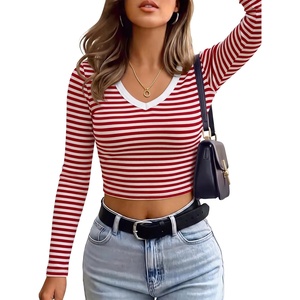 image:imageANRABESS Womens Long Sleeve V Neck Crop TopsRed White Stripe