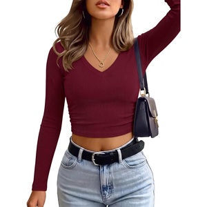 image:imageANRABESS Womens Long Sleeve V Neck Crop TopsWine Red