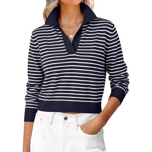image:imageANRABESS Sweaters for Women Cropped Polo Collared Long SleeveNavy White Stripe
