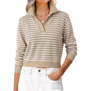 image:imageANRABESS Sweaters for Women Cropped Polo Collared Long SleeveTan White Stripe