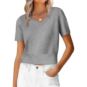 image:imageANRABESS Womens Short Sleeve Sweaters Cropped V NeckDark Grey