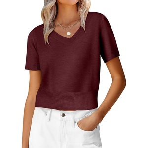 image:imageANRABESS Womens Short Sleeve Sweaters Cropped V NeckDark Red