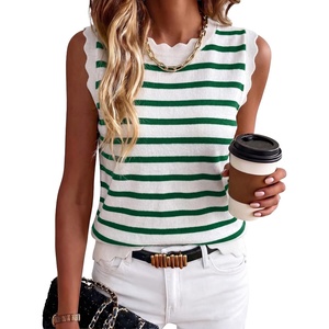 image:imageANRABESS Womens Sleeveless Scallop Sweater Vest Crew Neck Tank TopsStriped Green White