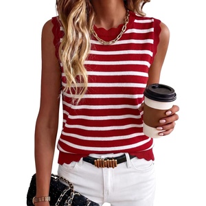 image:imageANRABESS Womens Sleeveless Scallop Sweater Vest Crew Neck Tank TopsStriped Red White