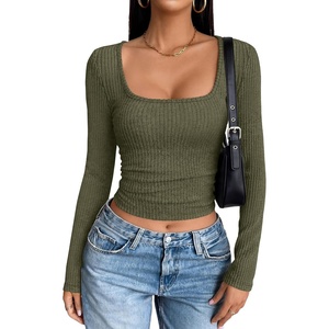 image:imageANRABESS Womens Square Neck Crop Tops Long Sleeve ShirtsArmy Green